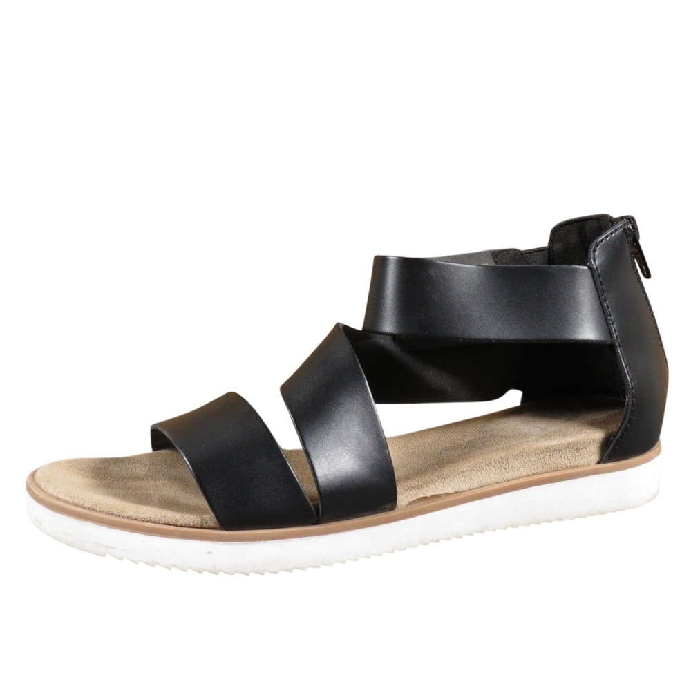 Time and Tru Strappy Comfort Sandals Women's 8 Black Faux Leather Casual Flat